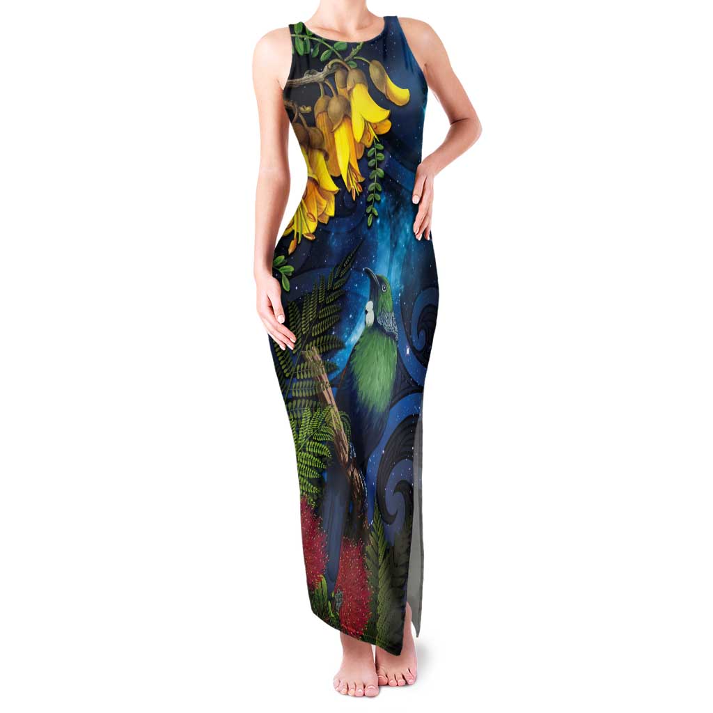 Tui Bird New Zealand Starry Sky Tank Maxi Dress Maori Koru