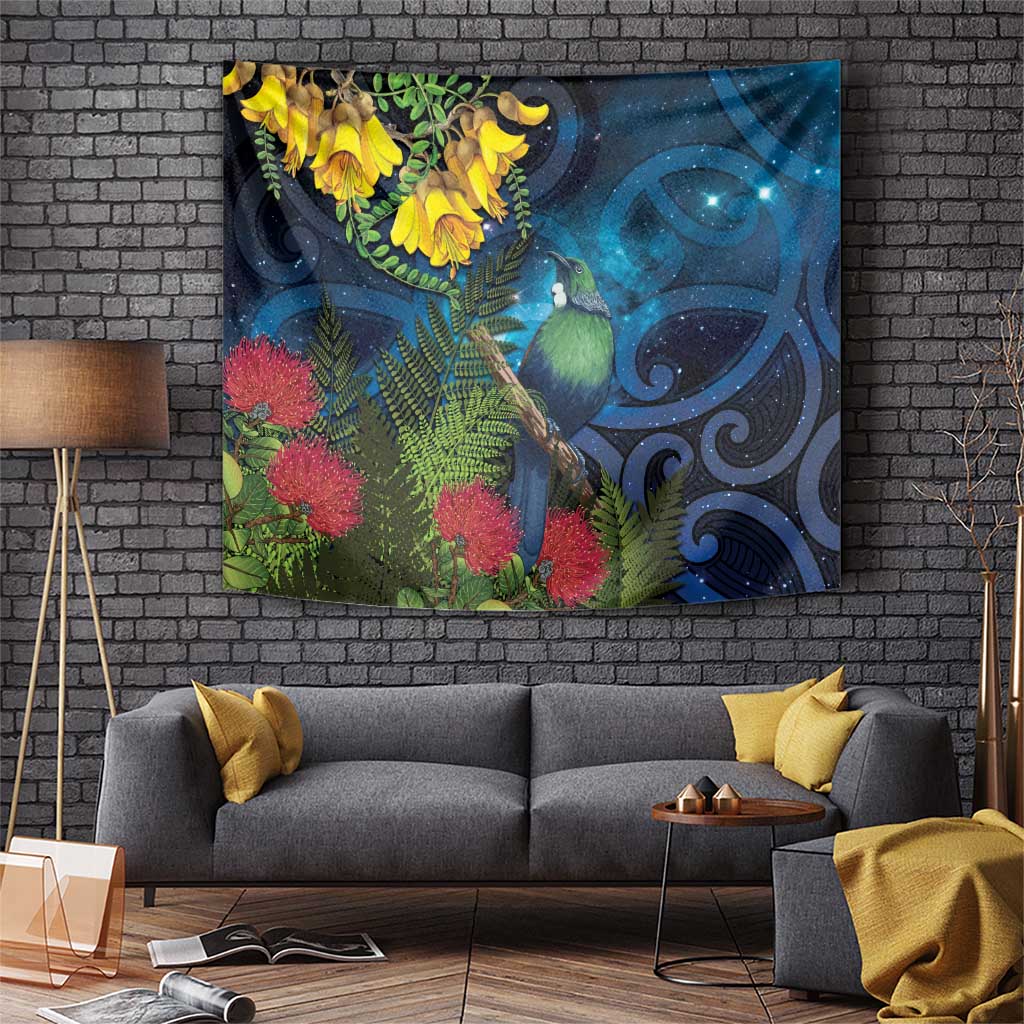 Tui Bird New Zealand Starry Sky Tapestry Maori Koru