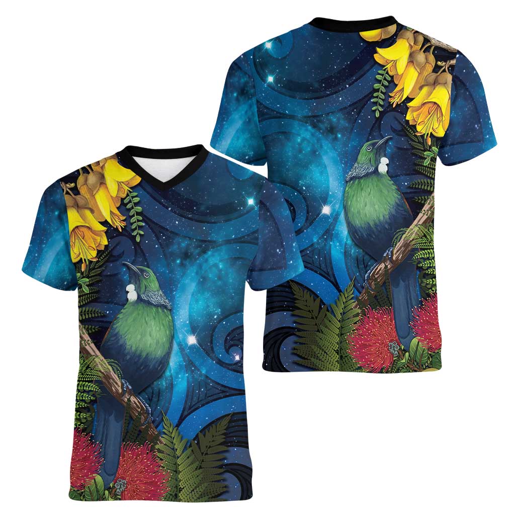 Tui Bird New Zealand Starry Sky Women V-Neck T-Shirt Maori Koru