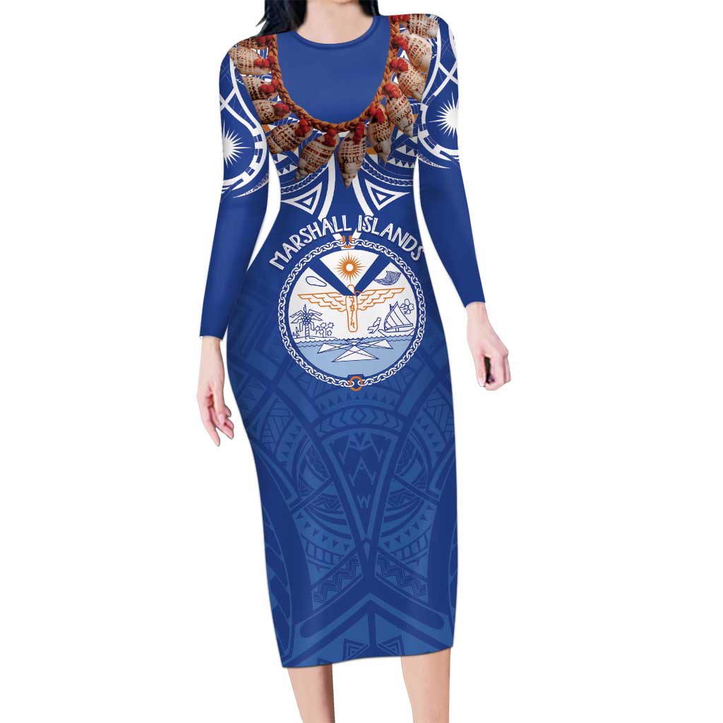 Yokwe Marshall Islands Personalized Family Matching Long Sleeve Bodycon Dress and Hawaiian Shirt Jemenei Day - Seashell Necklace LT7 Mom's Dress Blue - Polynesian Pride