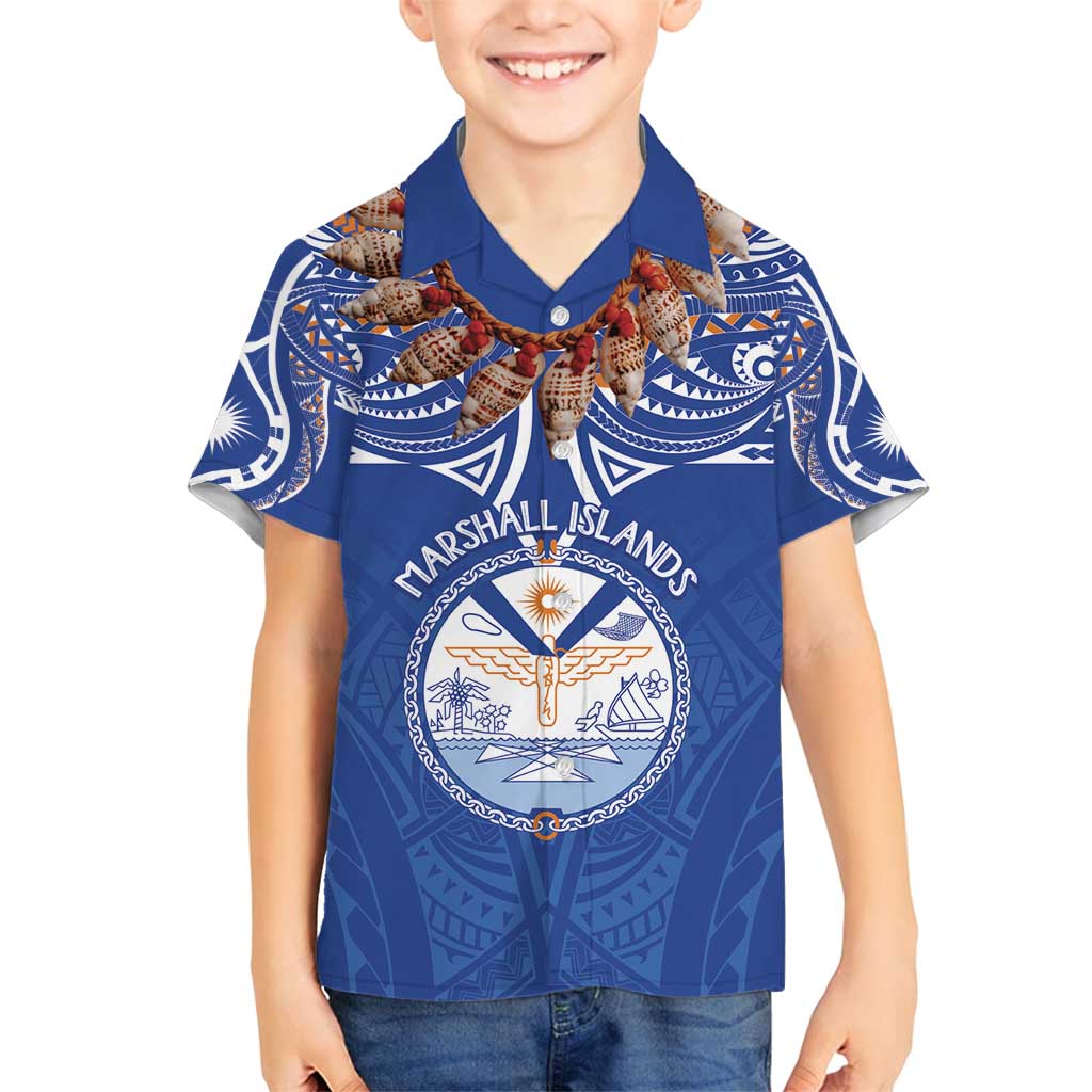 Yokwe Marshall Islands Personalized Family Matching Long Sleeve Bodycon Dress and Hawaiian Shirt Jemenei Day - Seashell Necklace LT7 Son's Shirt Blue - Polynesian Pride