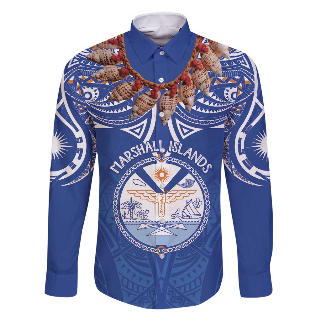 Yokwe Marshall Islands Personalized Family Matching Mermaid Dress and Hawaiian Shirt Jemenei Day - Seashell Necklace LT7 Dad's Shirt - Long Sleeve Blue - Polynesian Pride