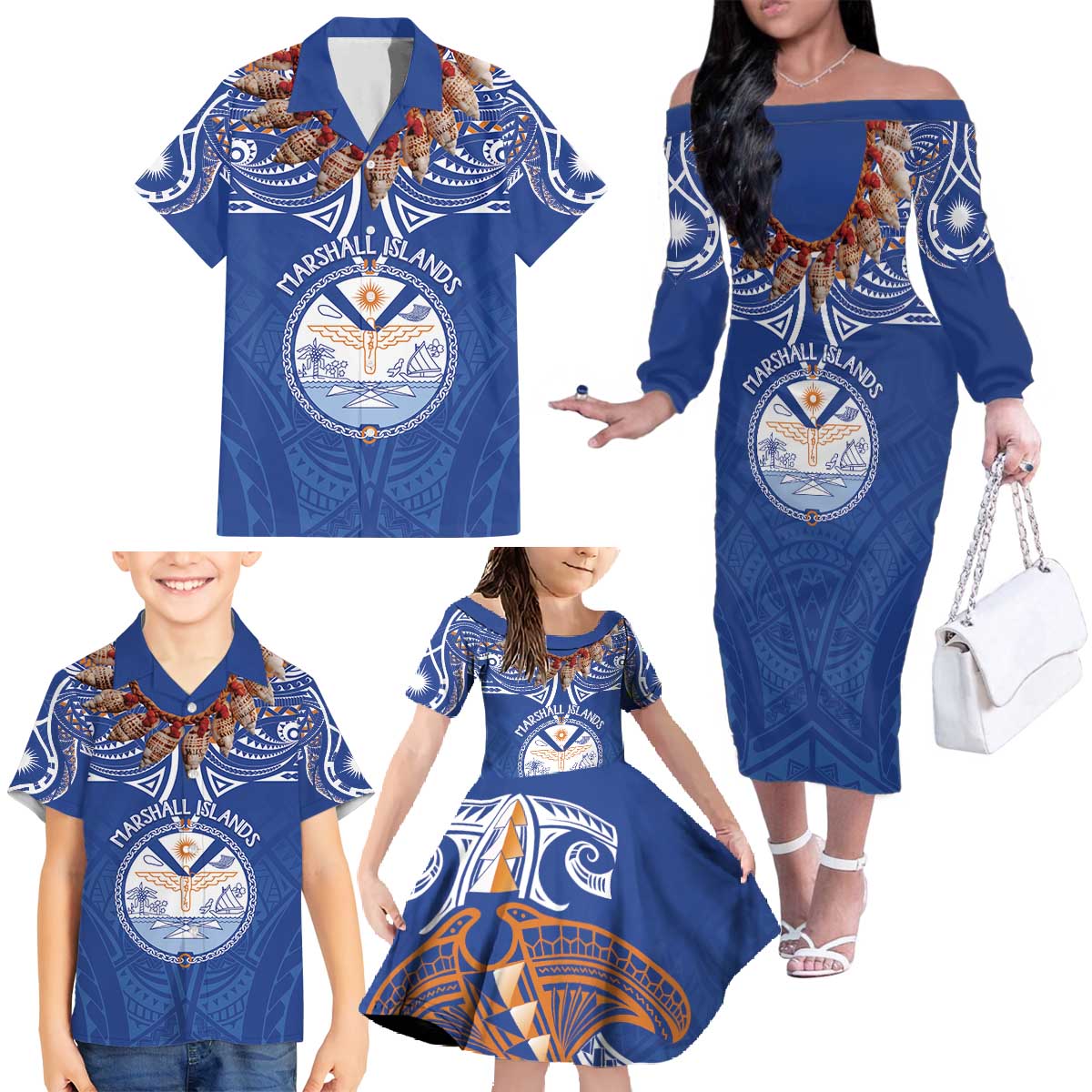 Yokwe Marshall Islands Personalized Family Matching Off The Shoulder Long Sleeve Dress and Hawaiian Shirt Jemenei Day - Seashell Necklace LT7 - Polynesian Pride
