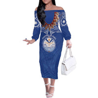 Yokwe Marshall Islands Personalized Family Matching Off The Shoulder Long Sleeve Dress and Hawaiian Shirt Jemenei Day - Seashell Necklace LT7 Mom's Dress Blue - Polynesian Pride