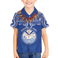 Yokwe Marshall Islands Personalized Family Matching Off The Shoulder Long Sleeve Dress and Hawaiian Shirt Jemenei Day - Seashell Necklace LT7 Son's Shirt Blue - Polynesian Pride