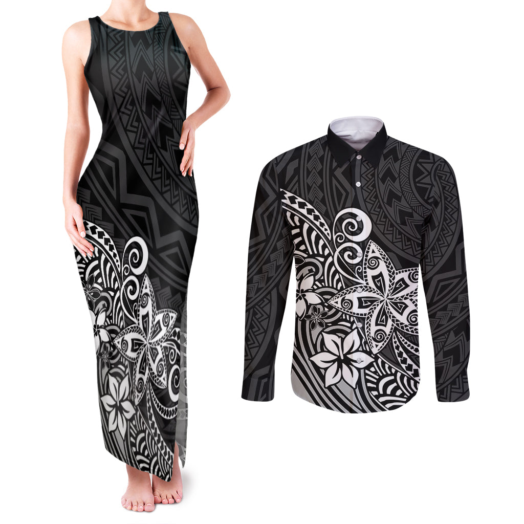 Polynesia Couples Matching Tank Maxi Dress and Long Sleeve Button Shirts Plumeria Black Curves LT7 Black - Polynesian Pride