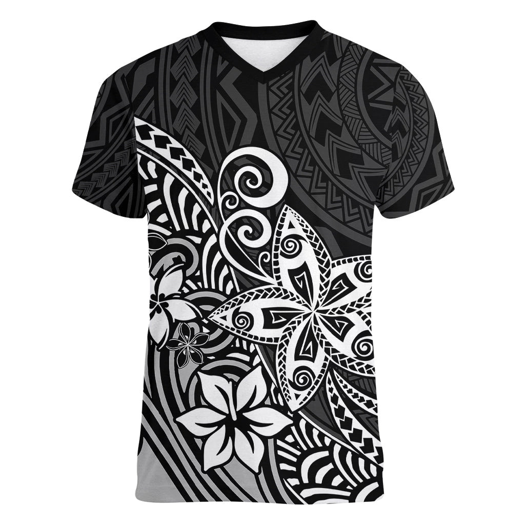 Polynesia Women V Neck T Shirt Plumeria Black Curves LT7 Female Black - Polynesian Pride