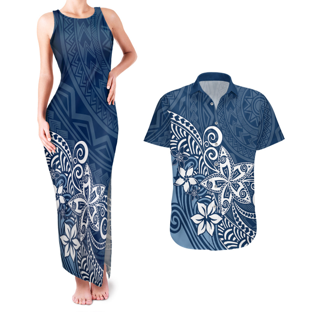 Polynesia Couples Matching Tank Maxi Dress And Hawaiian Shirt Plumeria Blue Curves LT7 Blue - Polynesian Pride