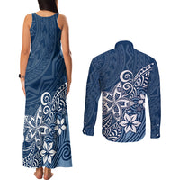 Polynesia Couples Matching Tank Maxi Dress and Long Sleeve Button Shirts Plumeria Blue Curves LT7 - Polynesian Pride