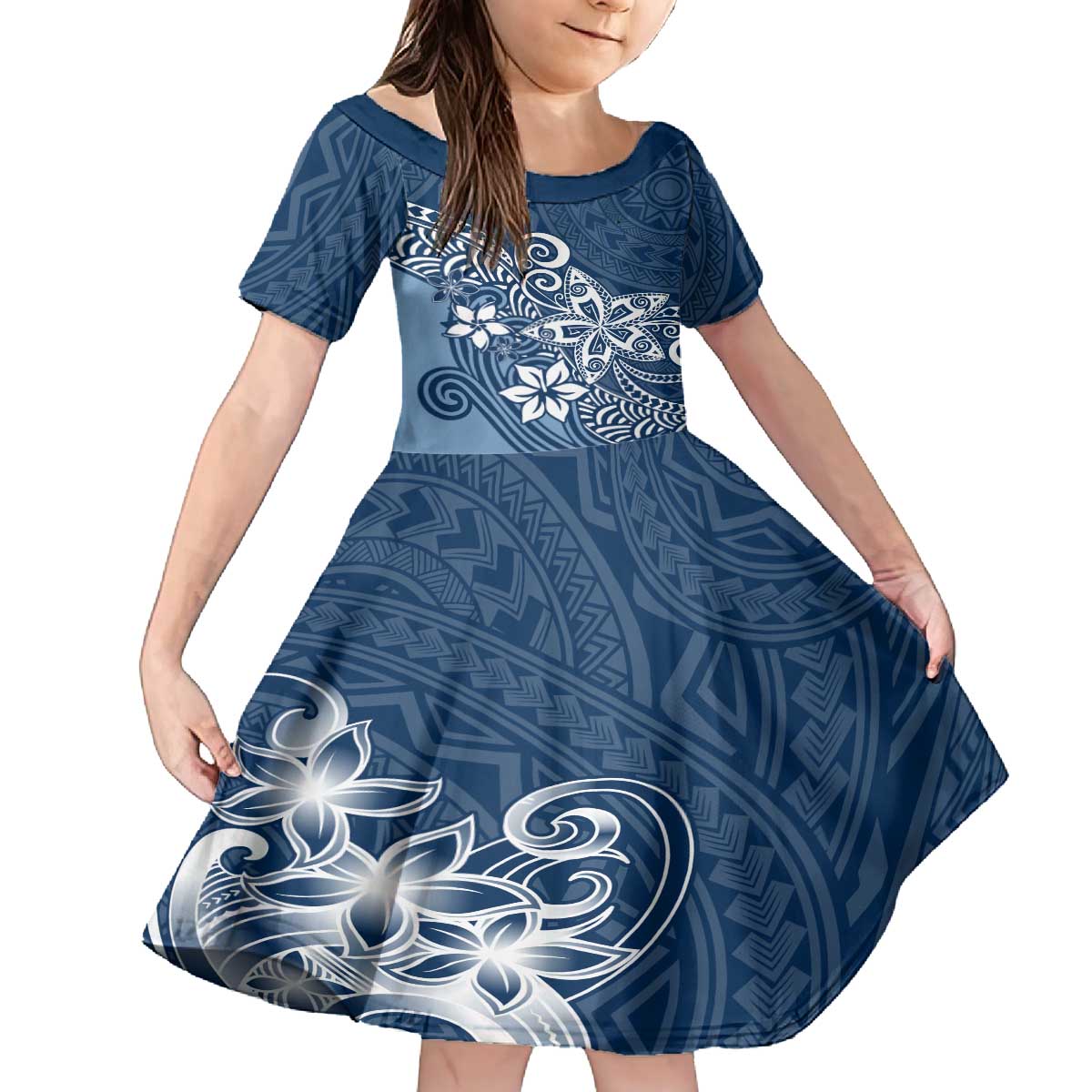 Hawaii Family Matching Outfits Polynesia Off Shoulder Long Sleeve Dress And Shirt Family Set Clothes Plumeria Navy Curves LT7 - Polynesian Pride