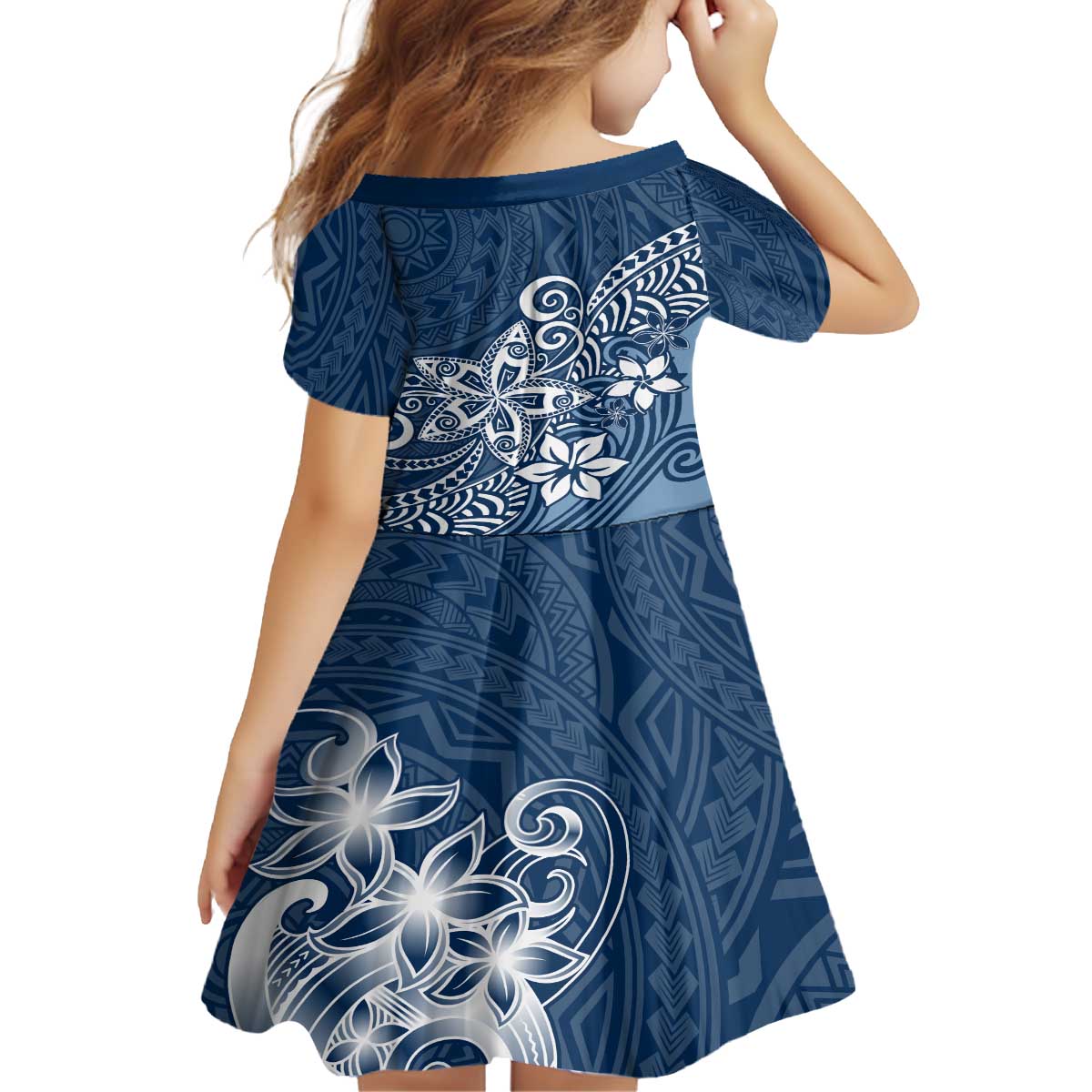 Hawaii Family Matching Outfits Polynesia Off Shoulder Long Sleeve Dress And Shirt Family Set Clothes Plumeria Navy Curves LT7 - Polynesian Pride
