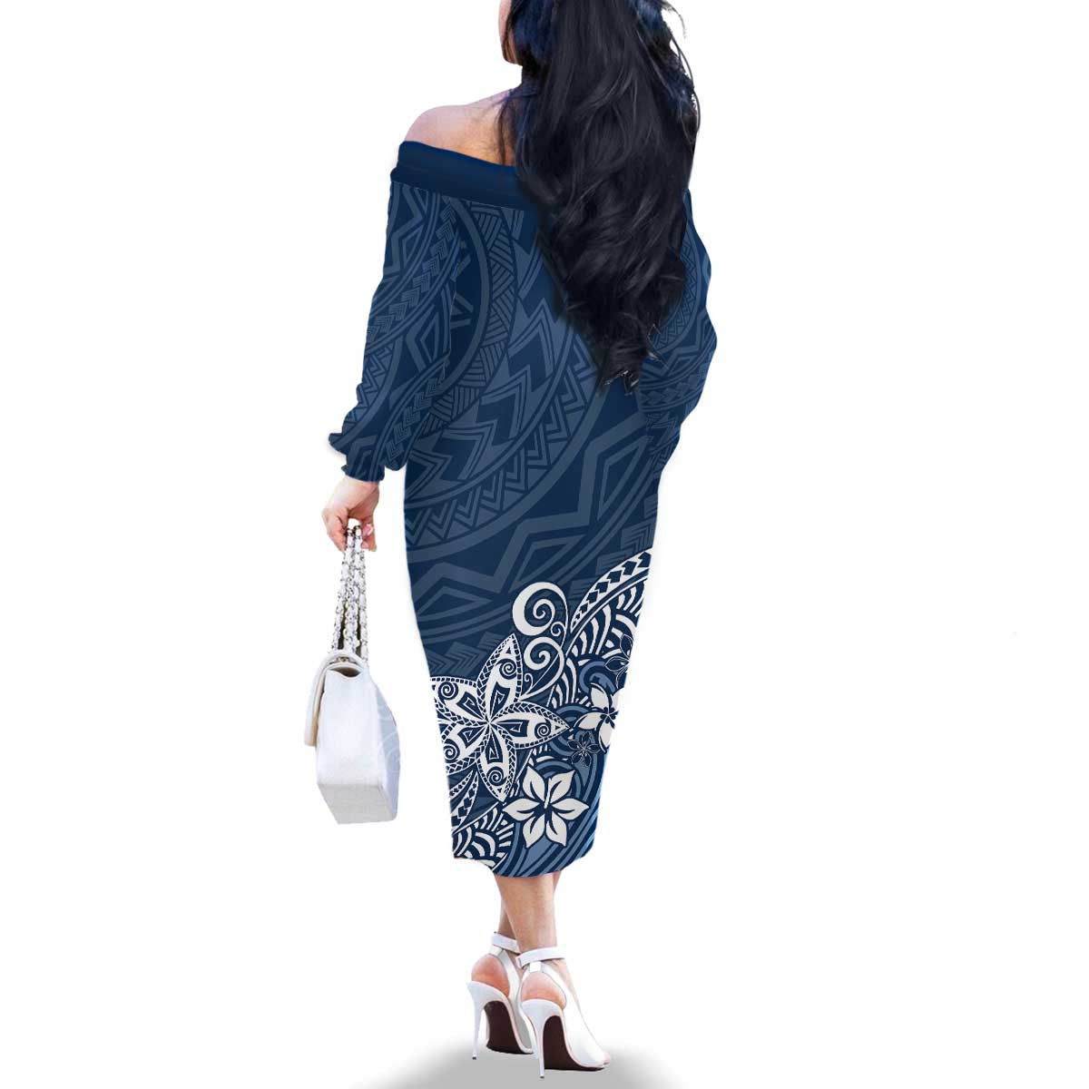 Hawaii Family Matching Outfits Polynesia Off Shoulder Long Sleeve Dress And Shirt Family Set Clothes Plumeria Navy Curves LT7 - Polynesian Pride