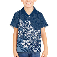 Hawaii Family Matching Outfits Polynesia Off Shoulder Long Sleeve Dress And Shirt Family Set Clothes Plumeria Navy Curves LT7 - Polynesian Pride
