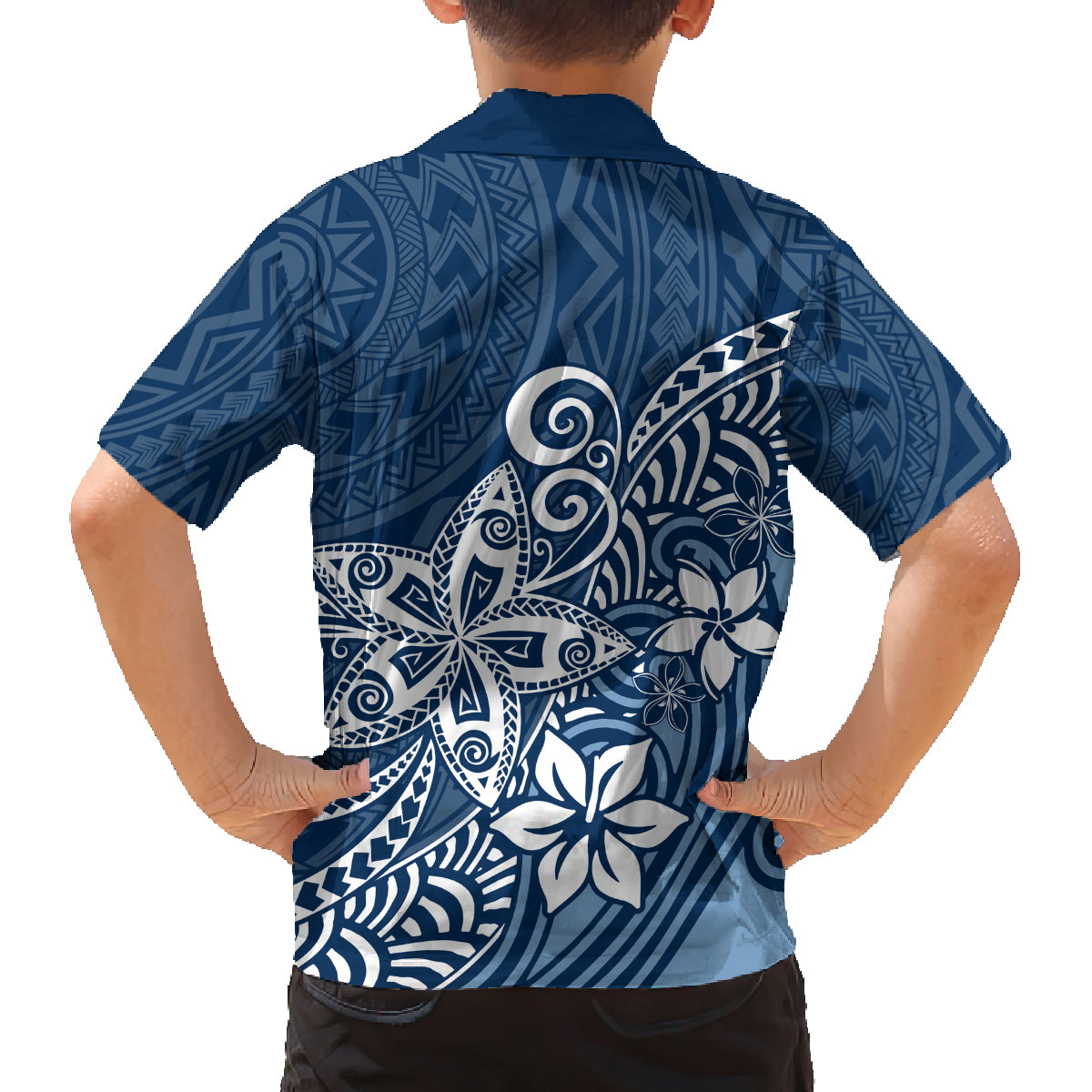 Hawaii Family Matching Outfits Polynesia Off Shoulder Maxi Dress And Shirt Family Set Clothes Plumeria Navy Curves LT7 - Polynesian Pride