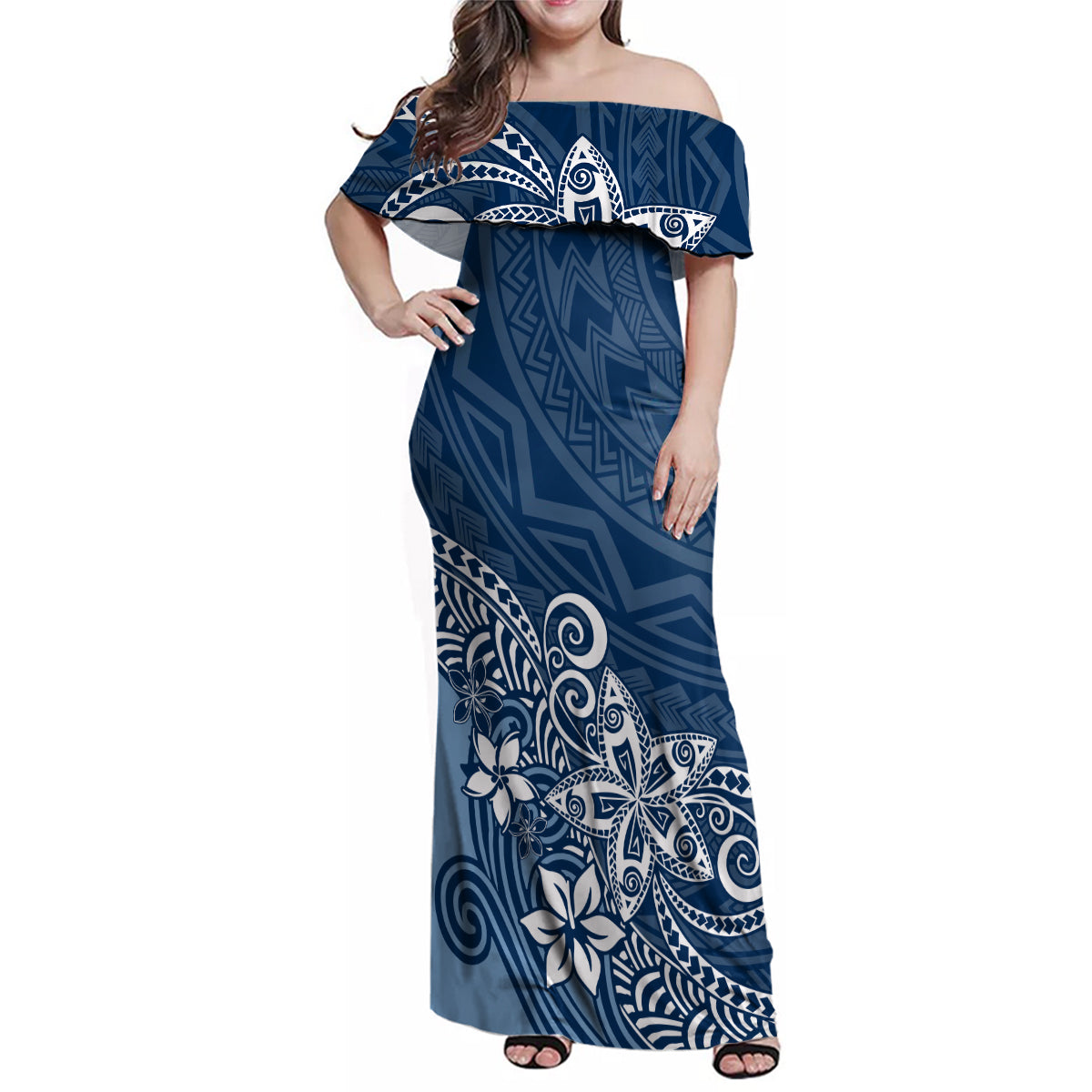 Hawaii Family Matching Outfits Polynesia Off Shoulder Maxi Dress And Shirt Family Set Clothes Plumeria Navy Curves LT7 Mom's Dress Blue - Polynesian Pride