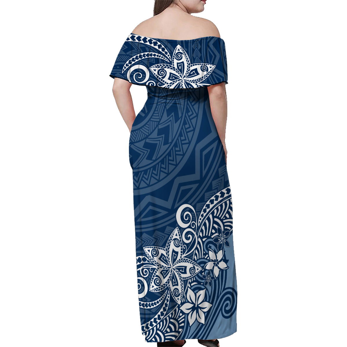 Hawaii Family Matching Outfits Polynesia Off Shoulder Maxi Dress And Shirt Family Set Clothes Plumeria Navy Curves LT7 - Polynesian Pride