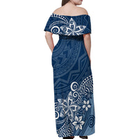 Hawaii Family Matching Outfits Polynesia Off Shoulder Maxi Dress And Shirt Family Set Clothes Plumeria Navy Curves LT7 - Polynesian Pride