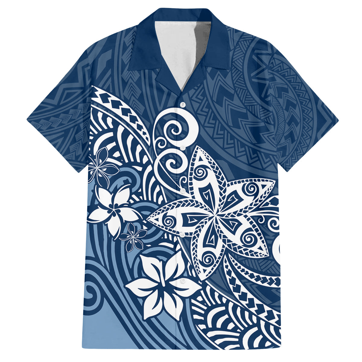 Hawaii Family Matching Outfits - Polynesia Summer Maxi Dress and Shirt Plumeria Navy Curves LT7 Dad's Shirt - Short Sleeve Blue - Polynesian Pride