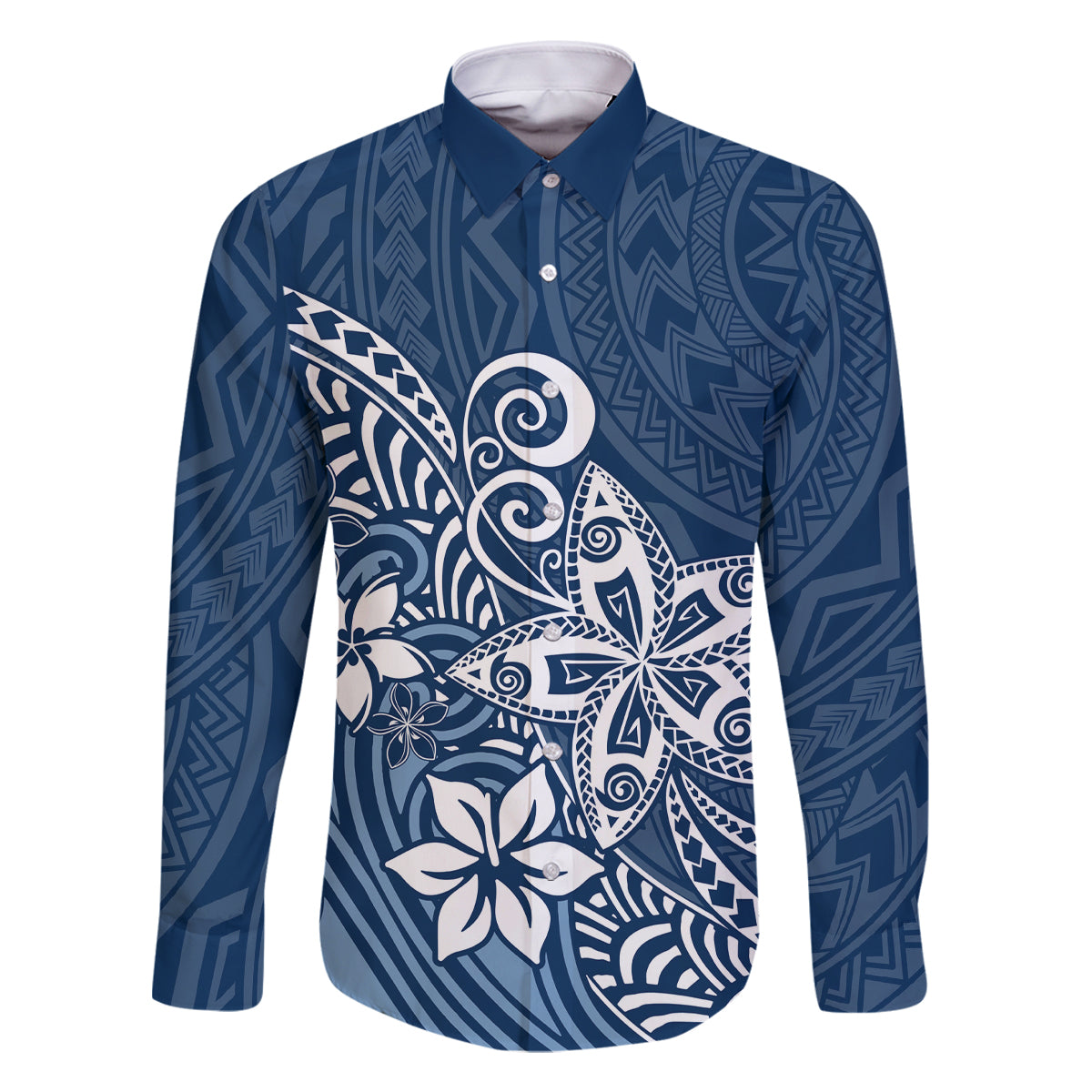 Hawaii Family Matching Outfits - Polynesia Summer Maxi Dress and Shirt Plumeria Navy Curves LT7 Dad's Shirt - Long Sleeve Blue - Polynesian Pride