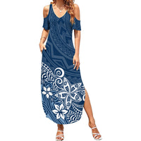 Hawaii Family Matching Outfits - Polynesia Summer Maxi Dress and Shirt Plumeria Navy Curves LT7 Mom's Dress Blue - Polynesian Pride