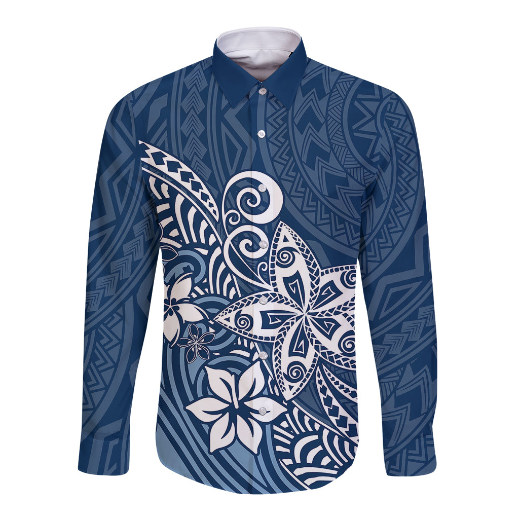 Polynesia Long Sleeve Button Shirt Plumeria Blue Curves LT7 Unisex Blue - Polynesian Pride
