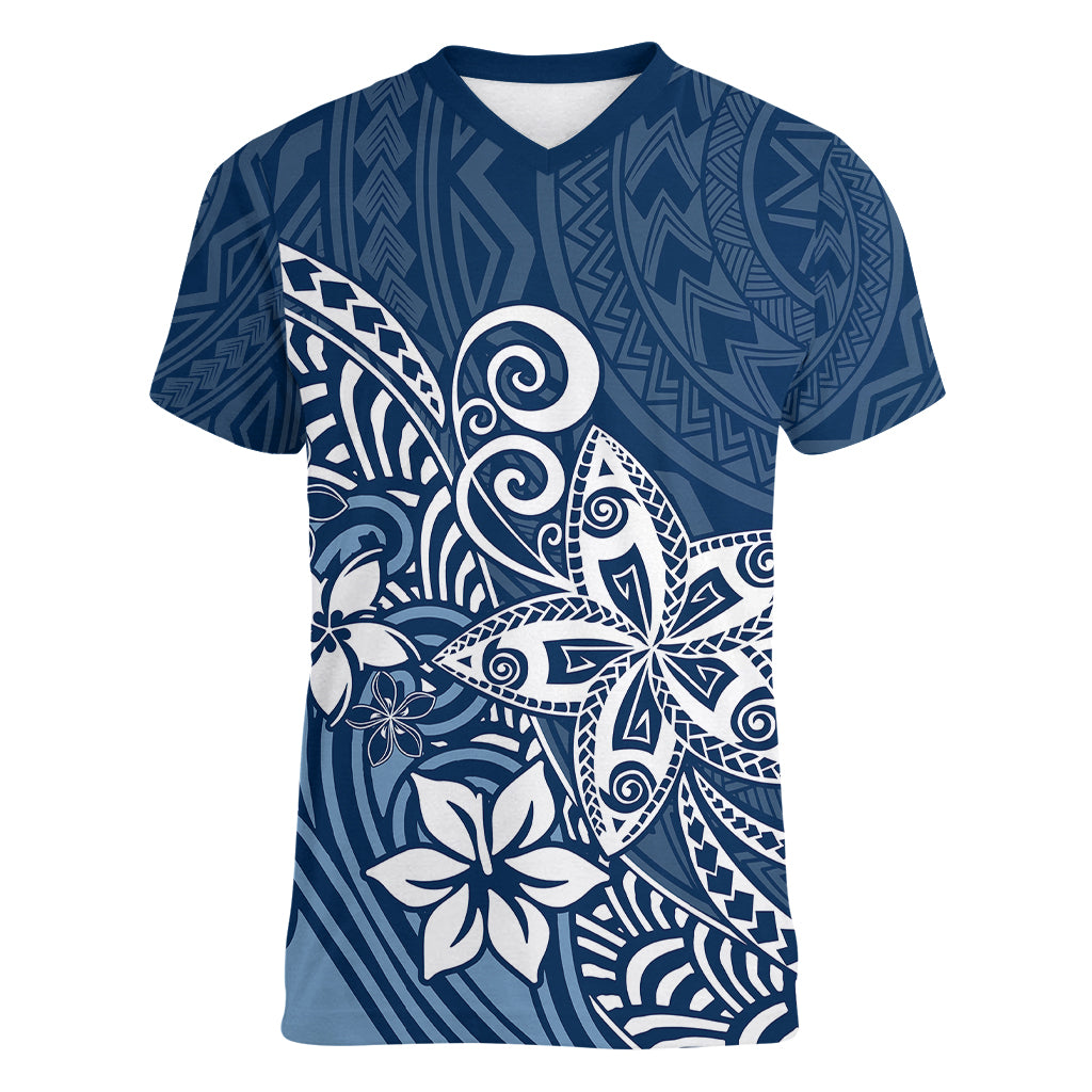 Polynesia Women V Neck T Shirt Plumeria Blue Curves LT7 Female Blue - Polynesian Pride