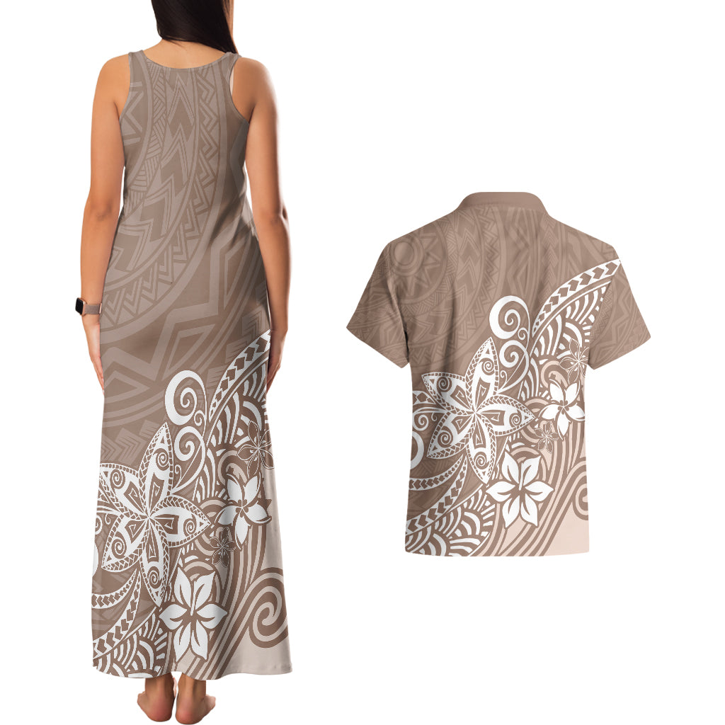 Polynesia Couples Matching Tank Maxi Dress And Hawaiian Shirt Plumeria Beige Curves LT7 - Polynesian Pride