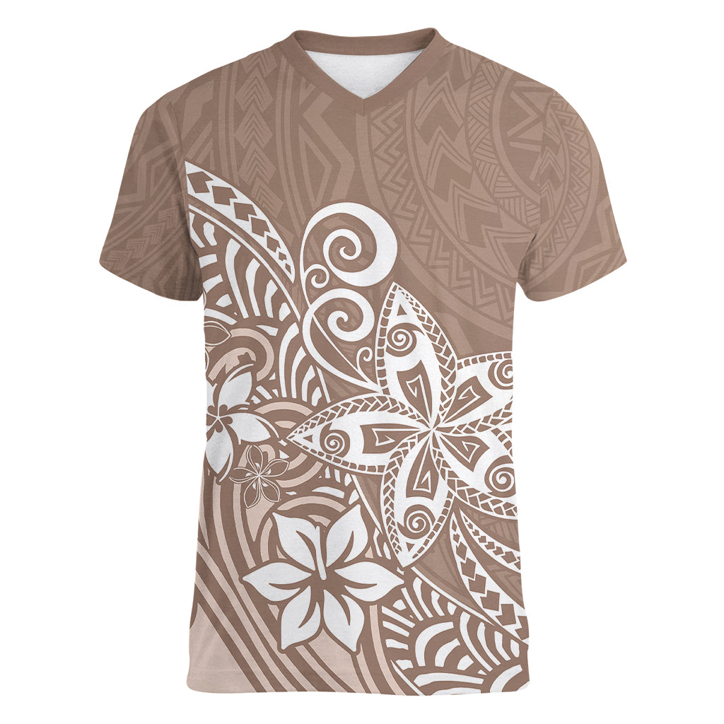 Polynesia Women V Neck T Shirt Plumeria Beige Curves LT7 Female Beige - Polynesian Pride