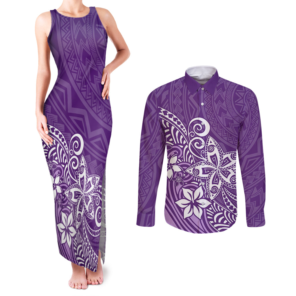 Polynesia Couples Matching Tank Maxi Dress and Long Sleeve Button Shirts Plumeria Purple Curves LT7 Purple - Polynesian Pride