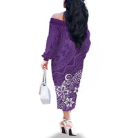 Hawaii Family Matching Outfits Polynesia Off Shoulder Long Sleeve Dress And Shirt Family Set Clothes Plumeria Purple Curves LT7 - Polynesian Pride