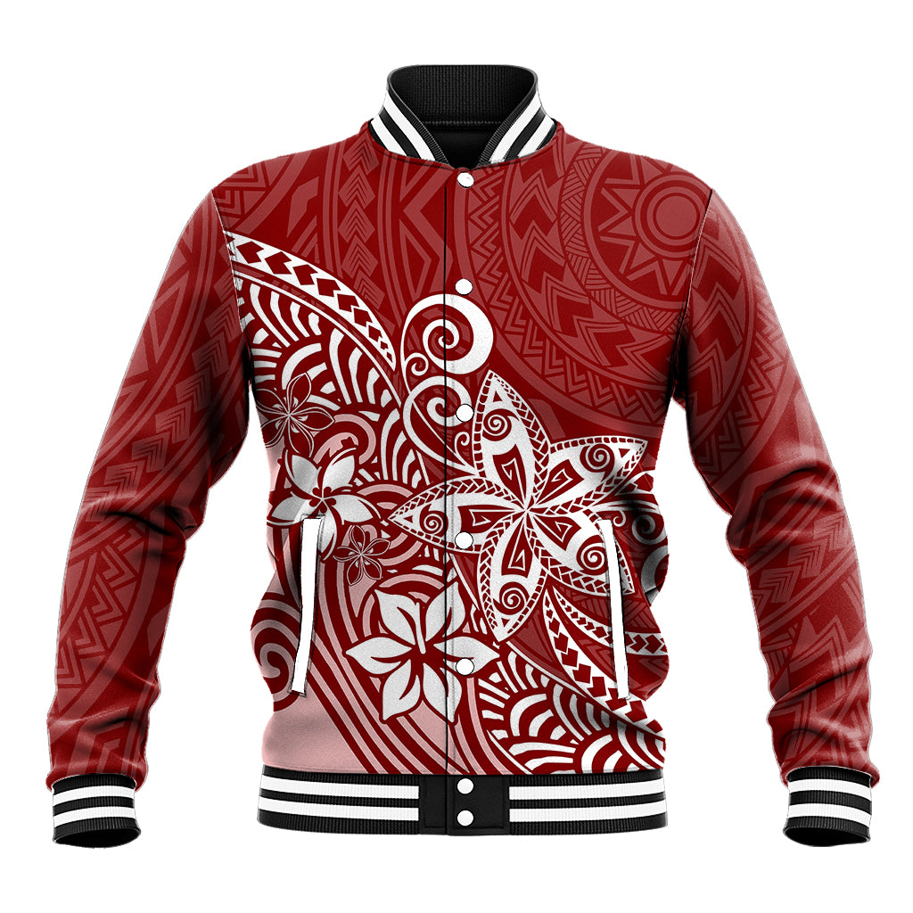 Polynesia Baseball Jacket Plumeria Red Curves LT7 Unisex Red - Polynesian Pride