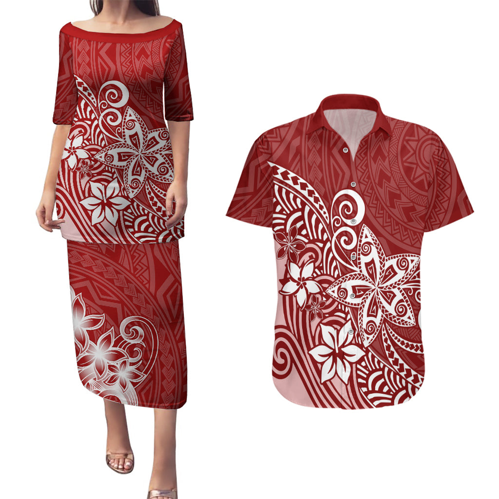 Polynesia Couples Matching Puletasi Dress and Hawaiian Shirt Plumeria Red Curves LT7 Red - Polynesian Pride