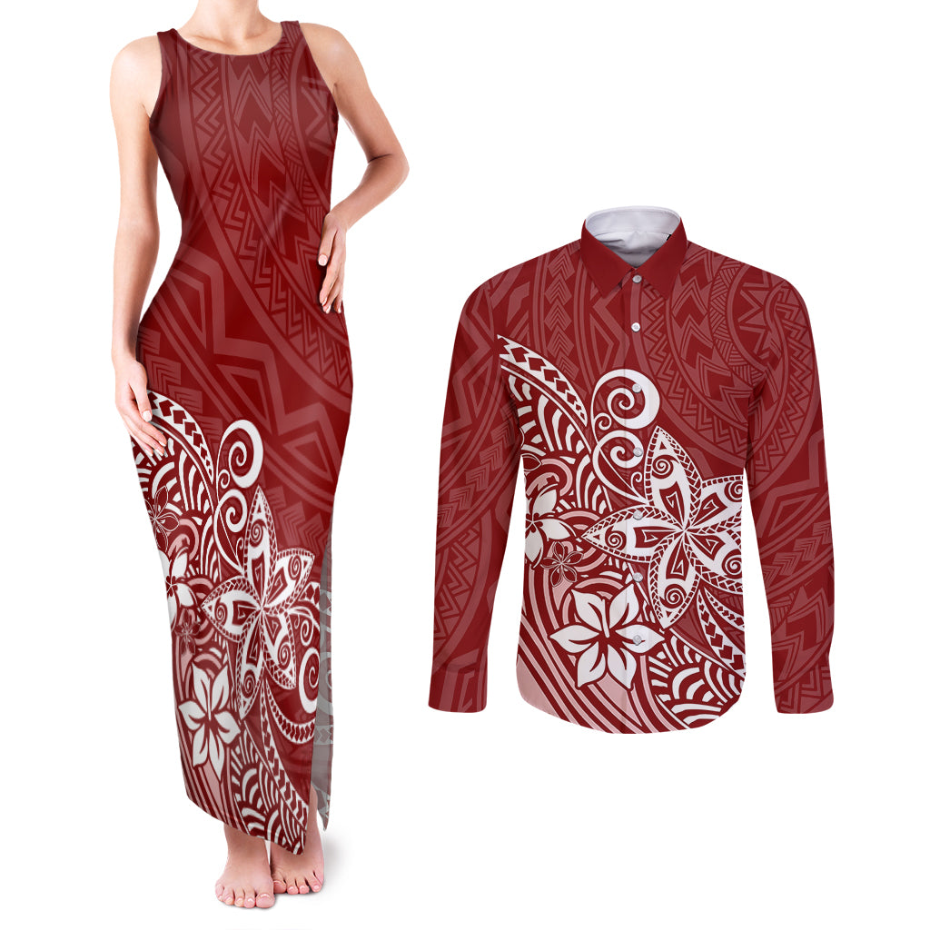 Polynesia Couples Matching Tank Maxi Dress and Long Sleeve Button Shirts Plumeria Red Curves LT7 Red - Polynesian Pride