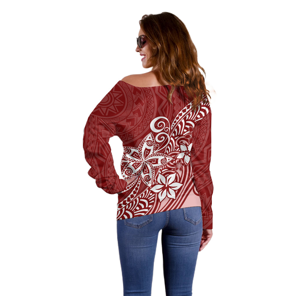 Polynesia Off Shoulder Sweater Plumeria Red Curves LT7 - Polynesian Pride