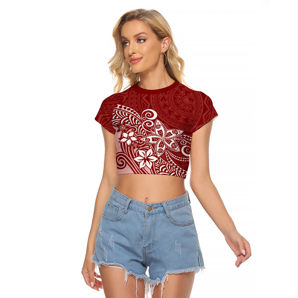 Polynesia Raglan Cropped T Shirt Plumeria Red Curves LT7 Female Red - Polynesian Pride