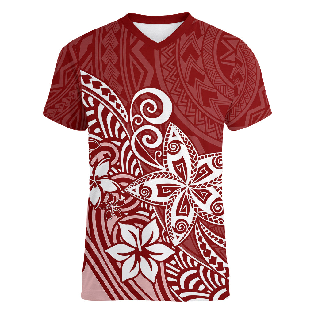 Polynesia Women V Neck T Shirt Plumeria Red Curves LT7 Female Red - Polynesian Pride