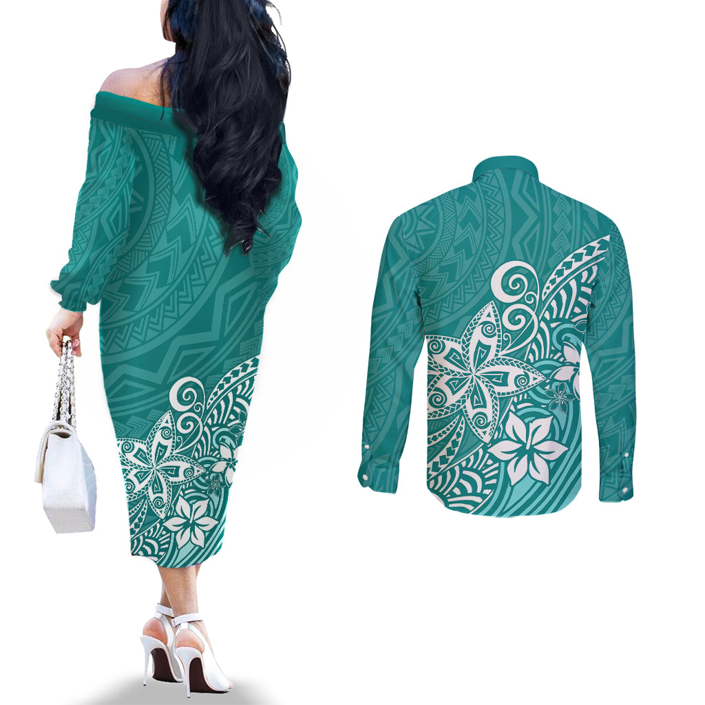 Polynesia Couples Matching Off The Shoulder Long Sleeve Dress and Long Sleeve Button Shirts Plumeria Teal Curves LT7 - Polynesian Pride