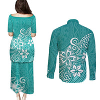 Polynesia Couples Matching Puletasi Dress and Long Sleeve Button Shirts Plumeria Teal Curves LT7 - Polynesian Pride