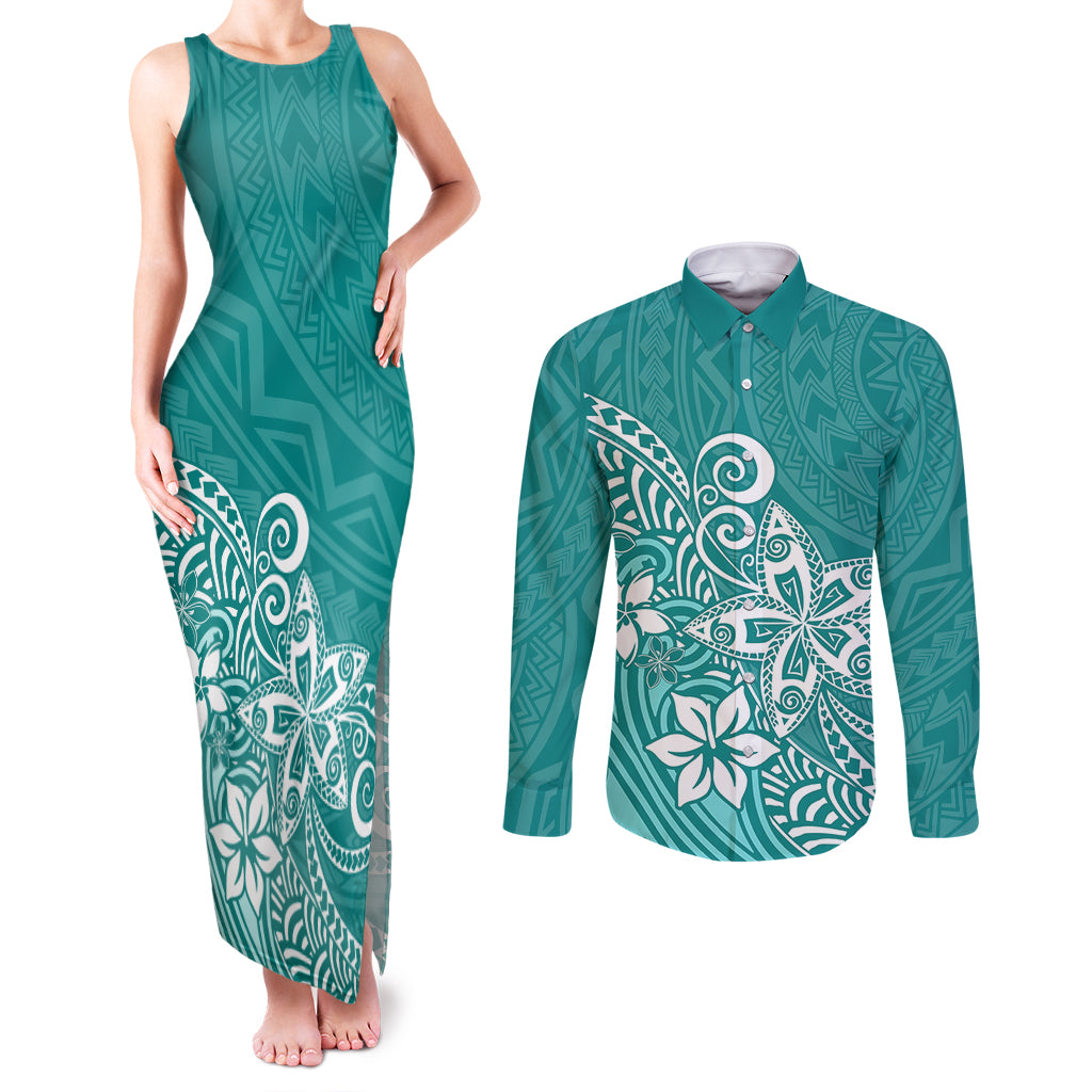 Polynesia Couples Matching Tank Maxi Dress and Long Sleeve Button Shirts Plumeria Teal Curves LT7 Teal - Polynesian Pride