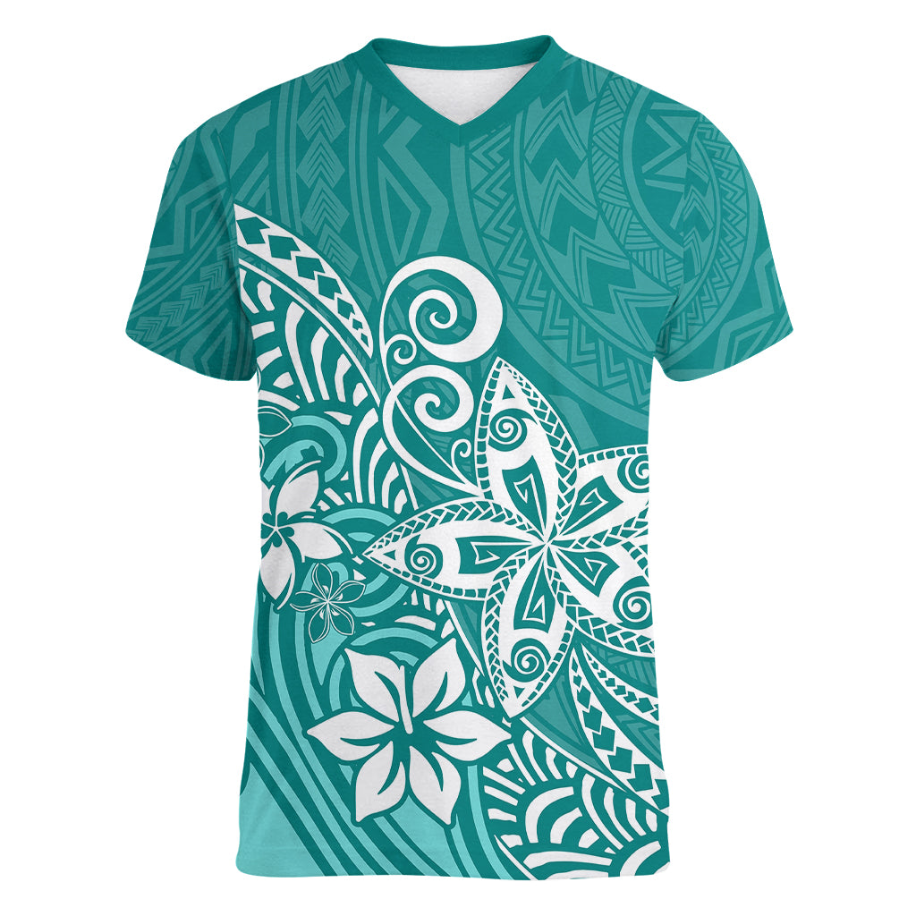 Polynesia Women V Neck T Shirt Plumeria Teal Curves LT7 Female Teal - Polynesian Pride