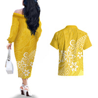 Polynesia Couples Matching Off The Shoulder Long Sleeve Dress and Hawaiian Shirt Plumeria Yellow Curves LT7 - Polynesian Pride