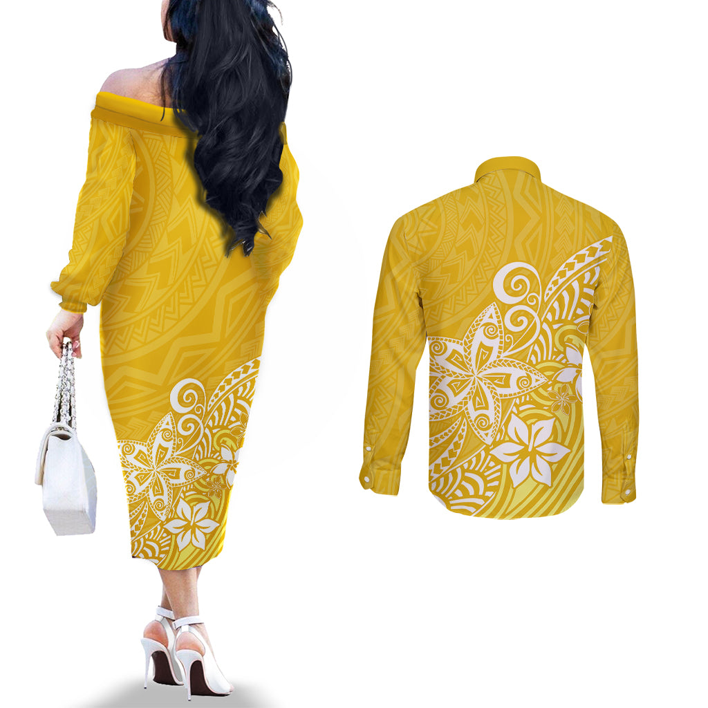 Polynesia Couples Matching Off The Shoulder Long Sleeve Dress and Long Sleeve Button Shirts Plumeria Yellow Curves LT7 - Polynesian Pride