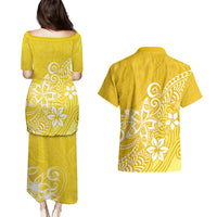 Polynesia Couples Matching Puletasi Dress and Hawaiian Shirt Plumeria Yellow Curves LT7 - Polynesian Pride