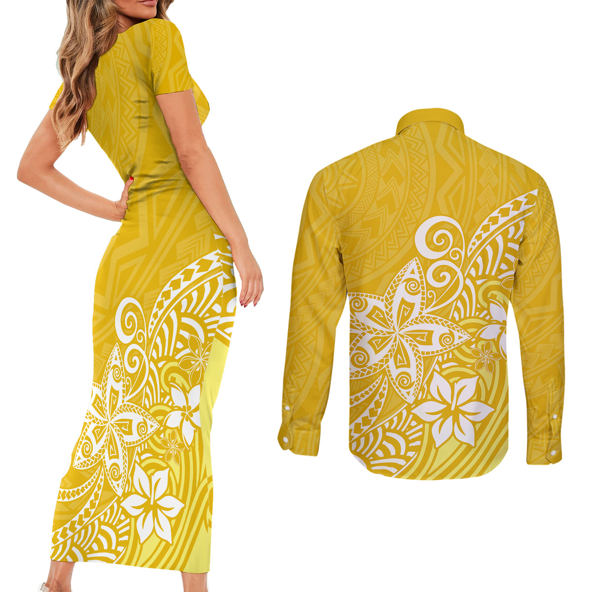 Polynesia Couples Matching Short Sleeve Bodycon Dress and Long Sleeve Button Shirts Plumeria Yellow Curves LT7 - Polynesian Pride