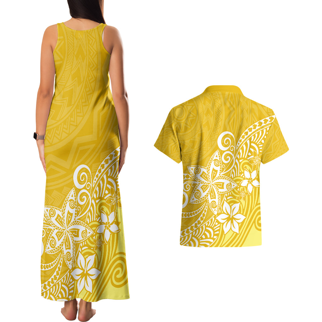 Polynesia Couples Matching Tank Maxi Dress And Hawaiian Shirt Plumeria Yellow Curves LT7 - Polynesian Pride