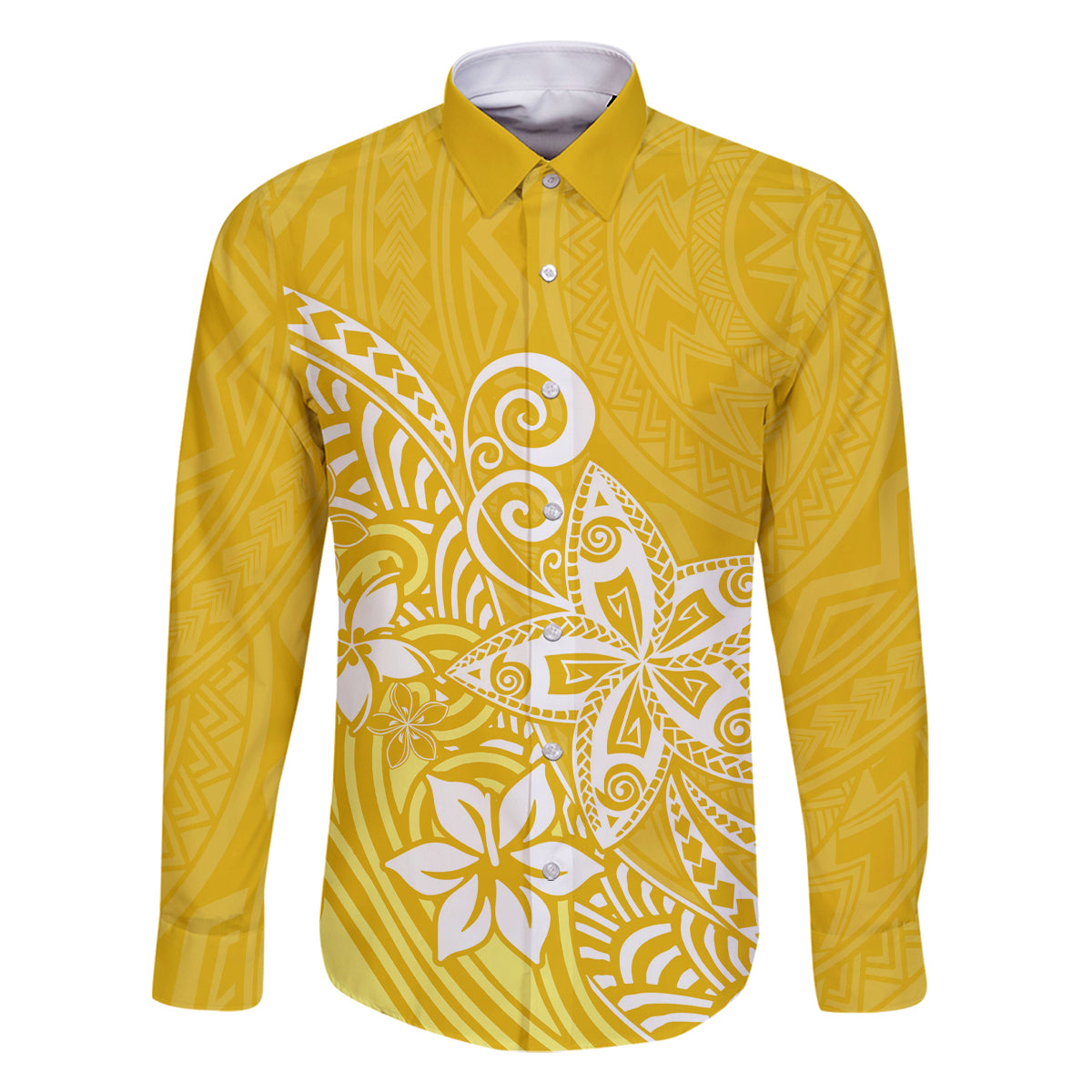 Hawaii Family Matching Outfits Polynesia Off Shoulder Maxi Dress And Shirt Family Set Clothes Plumeria Yellow Curves LT7 Dad's Shirt - Long Sleeve Yellow - Polynesian Pride