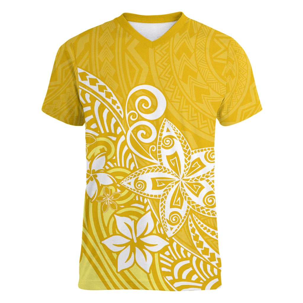 Polynesia Women V Neck T Shirt Plumeria Yellow Curves LT7 Female Yellow - Polynesian Pride