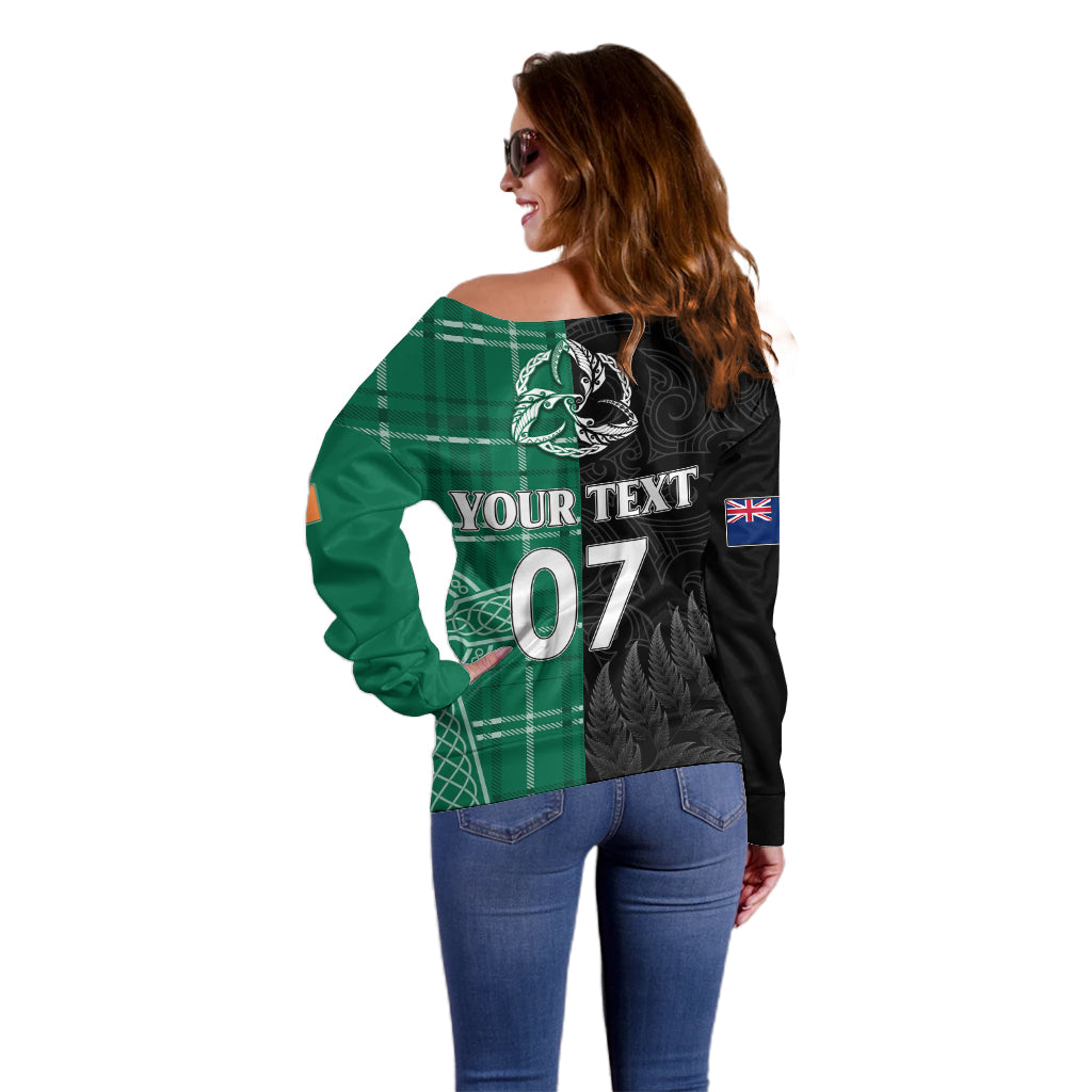 Personalised New Zealand Mix Ireland Rugby Off Shoulder Sweater Celtic Knot Mix Silver Ferns LT7 - Polynesian Pride