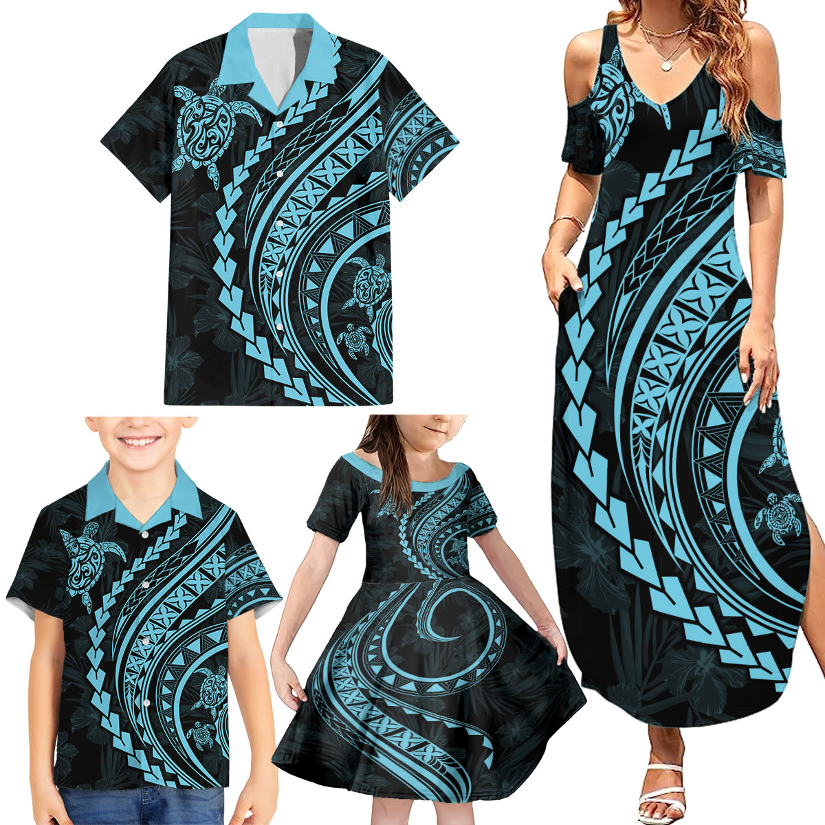 Hawaii Family Matching Outfits - Polynesian Pride Summer Maxi Dress and Shirt Turtle Hibiscus Luxury Style Aquamarine LT7