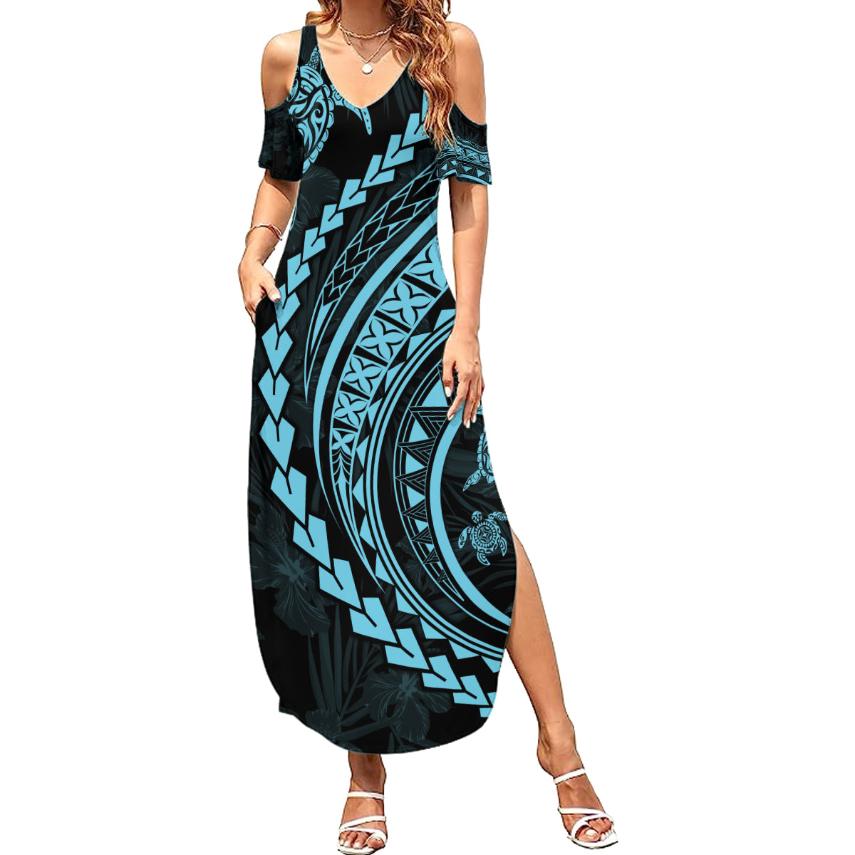 Hawaii Family Matching Outfits - Polynesian Pride Summer Maxi Dress and Shirt Turtle Hibiscus Luxury Style Aquamarine LT7 Mom's Dress Blue - Polynesian Pride